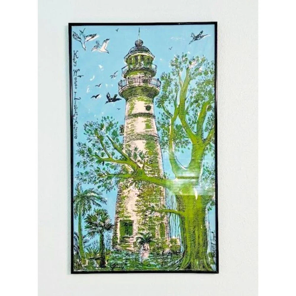 Framed Vtg Key West Fabrics Linen Tea Towel Lighthouse Tree Blue by Zuzek